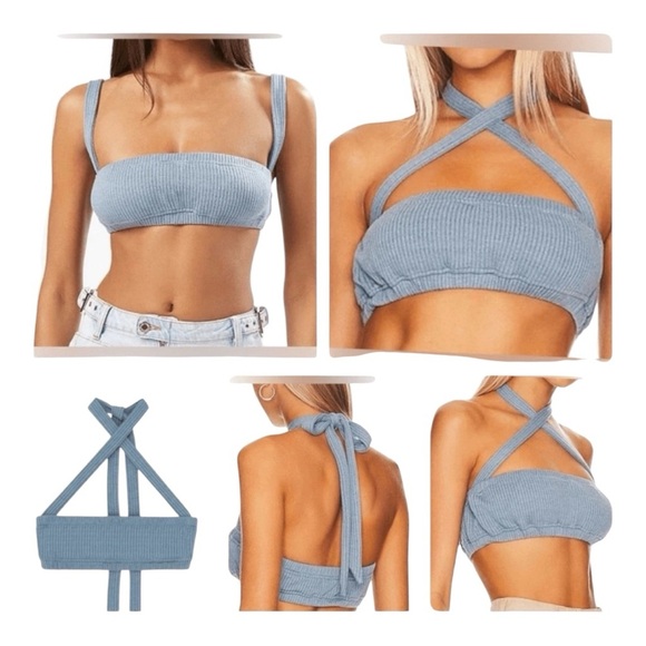 WeWoreWhat Halter Bra Top in Storm Size Medium, ribbed knit fabric & elastic - Picture 5 of 10